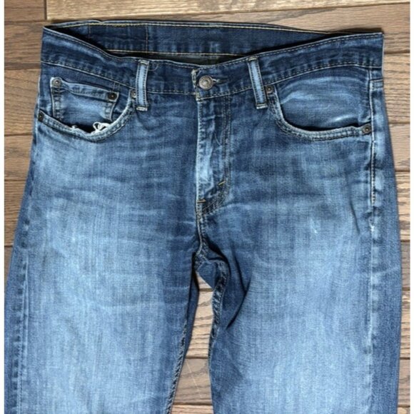 Levi's 514 Jeans Mens 32x32 Blue Slim Straight Distressed Denim Ripped Zip Fly - Picture 4 of 9